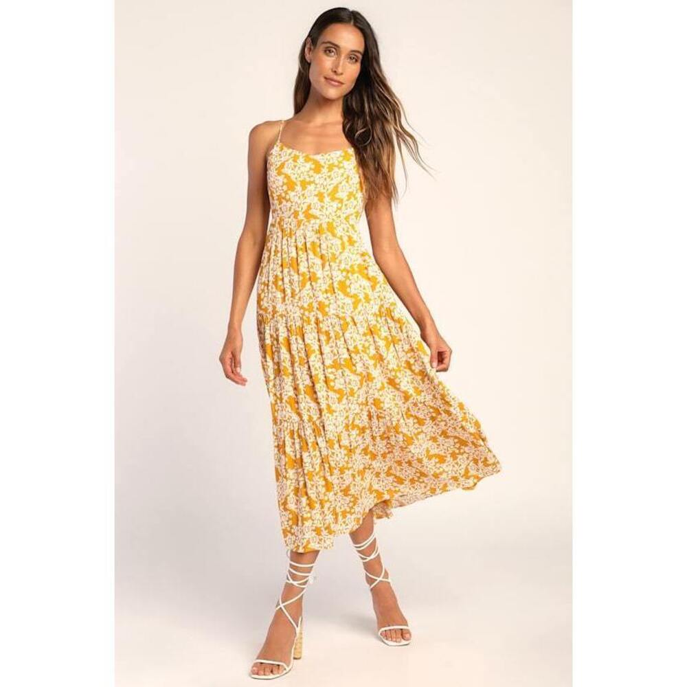 Lulus Catching Sunrays Mustard Yellow Floral Print Midi Dress - Size XL
